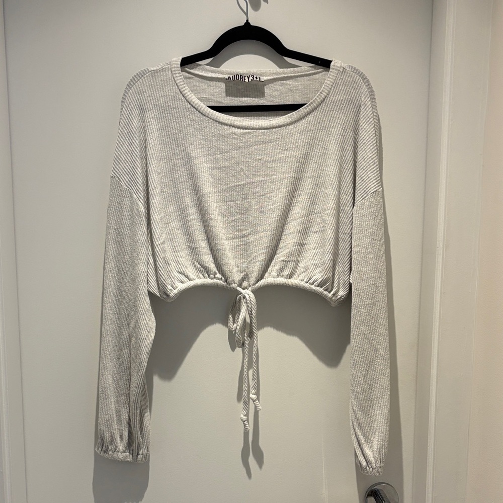 Audrey 3+1 White Ribbed Long-Sleeve Tie-Front Crop Top - Picture 3 of 6